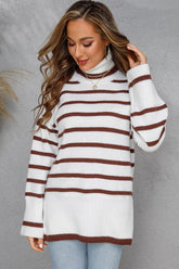 WOMENS TURTLENECK LONGSLEEVE STRIPE TOP - Doublju
